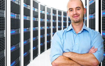 confident young man and datacenter 3d background